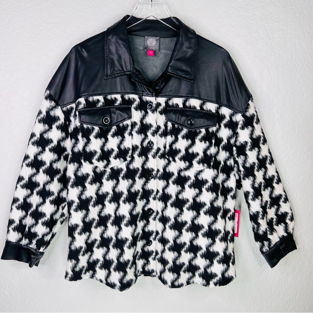 Vince Camuto Black/White Houndstooth Faux Leather Trim Button Down Shacket XL - Picture 15 of 15